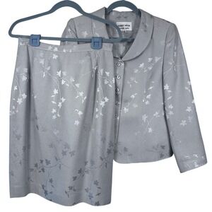Vintage 100% Silk Albert Nipon Skirt Suit set Silver Floral Brocade Petite 8P
